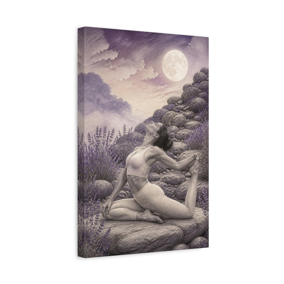 Side Mockup 4. Moonlit Yoga Pose shown as canvas print