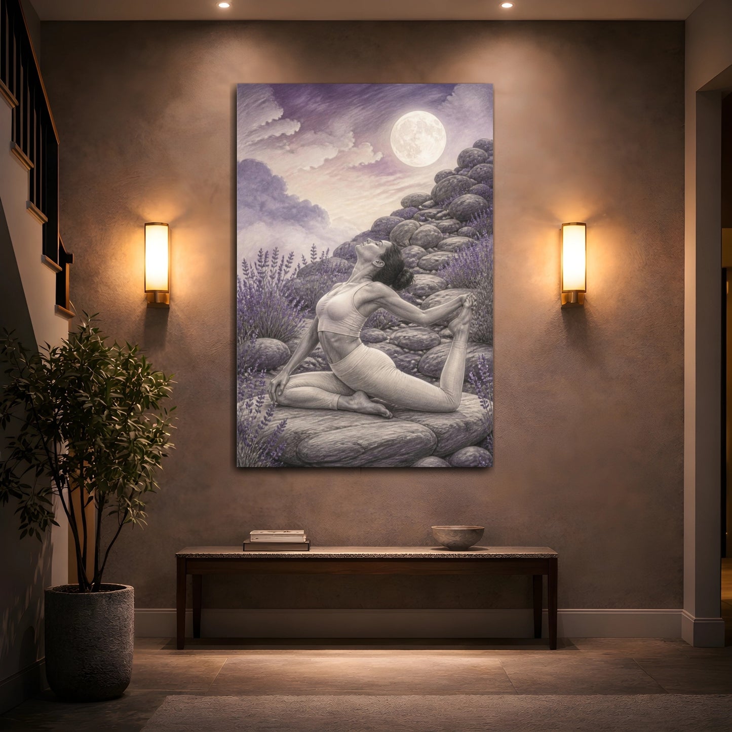 Mockup 2. Moonlit Yoga Pose shown as canvas print