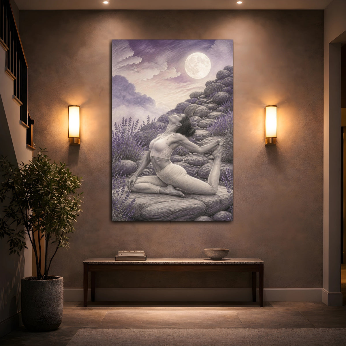Mockup 2. Moonlit Yoga Pose shown as canvas print
