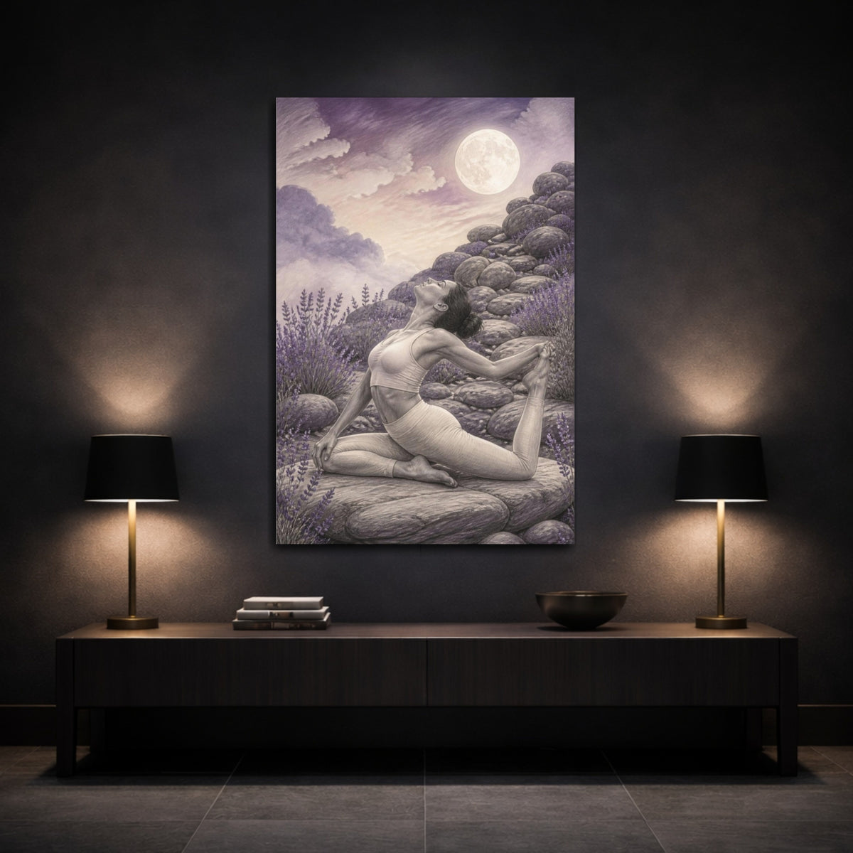 Mockup 3. Moonlit Yoga Pose shown as canvas print