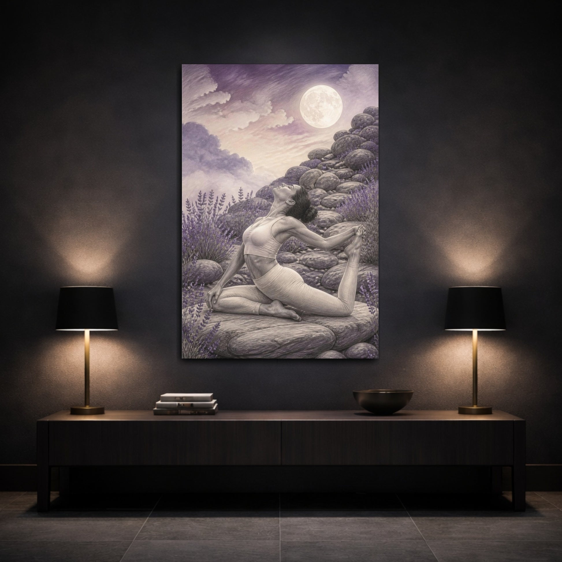 Mockup 3. Moonlit Yoga Pose shown as canvas print