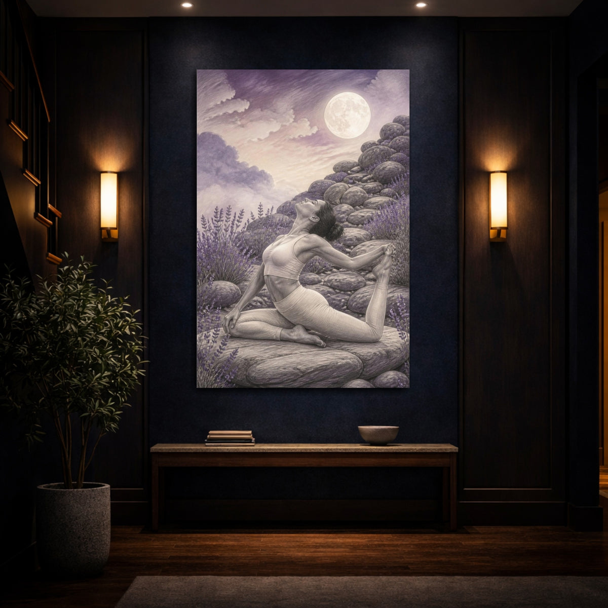 Mockup 4. Moonlit Yoga Pose shown as canvas print