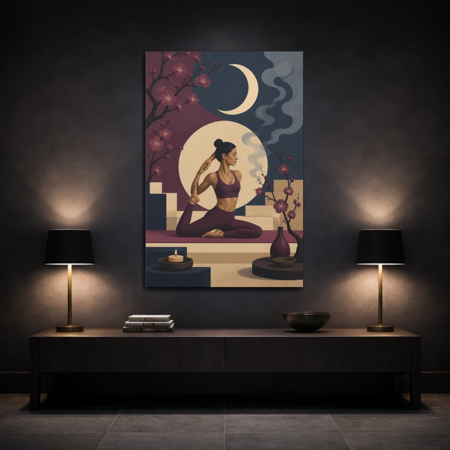 Mockup 3. Moonlit Yoga Woman shown as canvas print