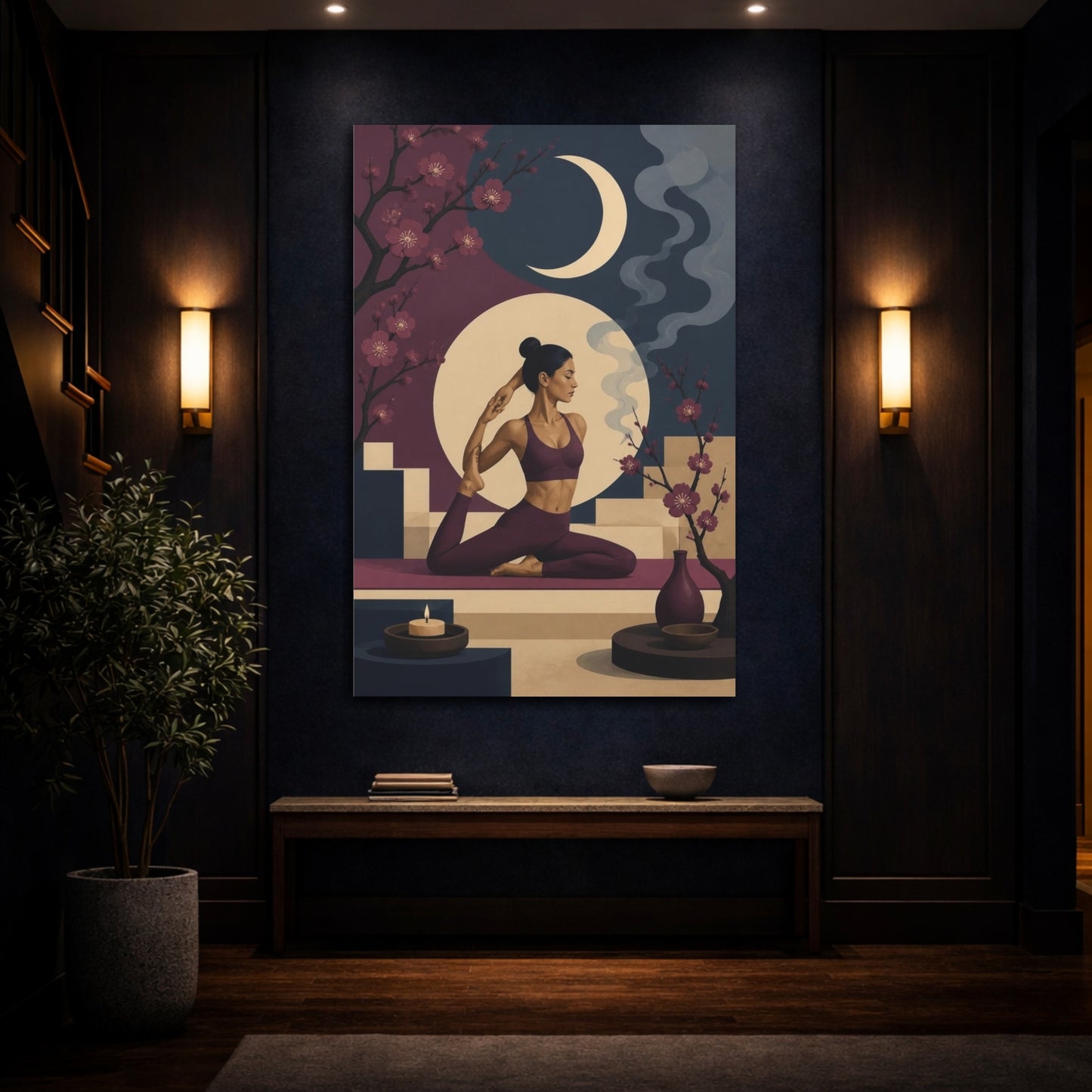 Mockup 4. Moonlit Yoga Woman shown as canvas print