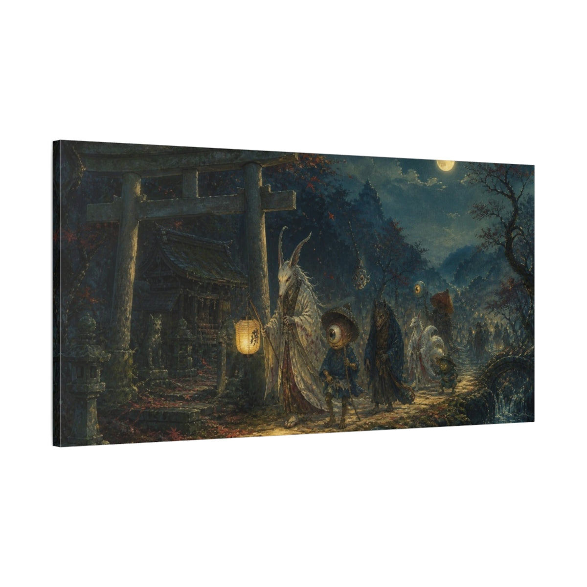 Main Mockup. Moonlit Yokai Procession shown as canvas print