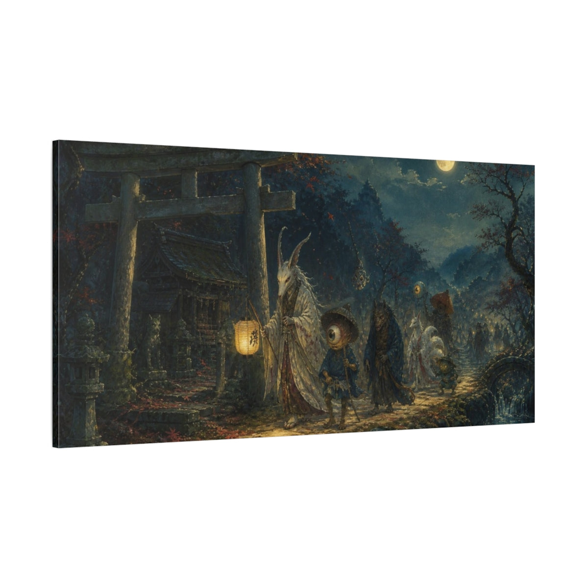 Side Mockup 2. Moonlit Yokai Procession shown as canvas print
