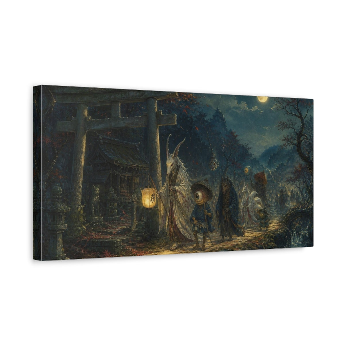 Side Mockup 3. Moonlit Yokai Procession shown as canvas print