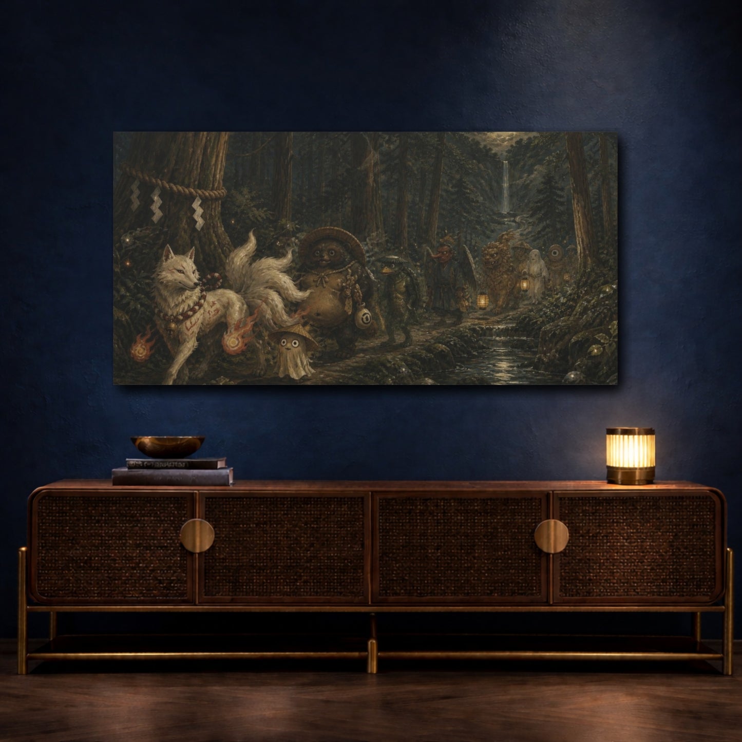 Mockup 4. Moonlit Yokai Procession shown as canvas print