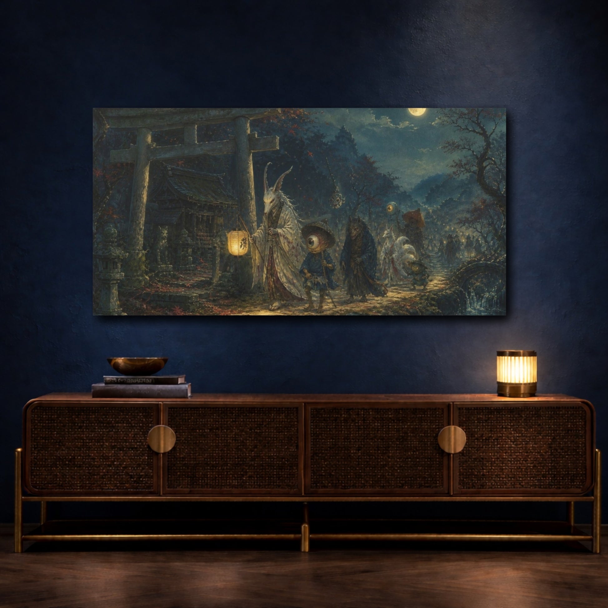 Mockup 4. Moonlit Yokai Procession shown as canvas print