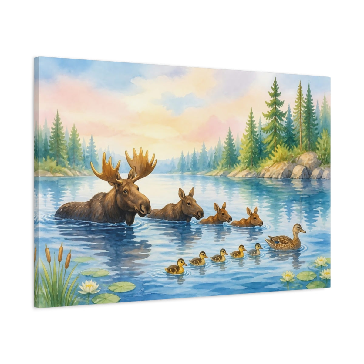 Main Mockup. Moose Family By The Lake shown as canvas print