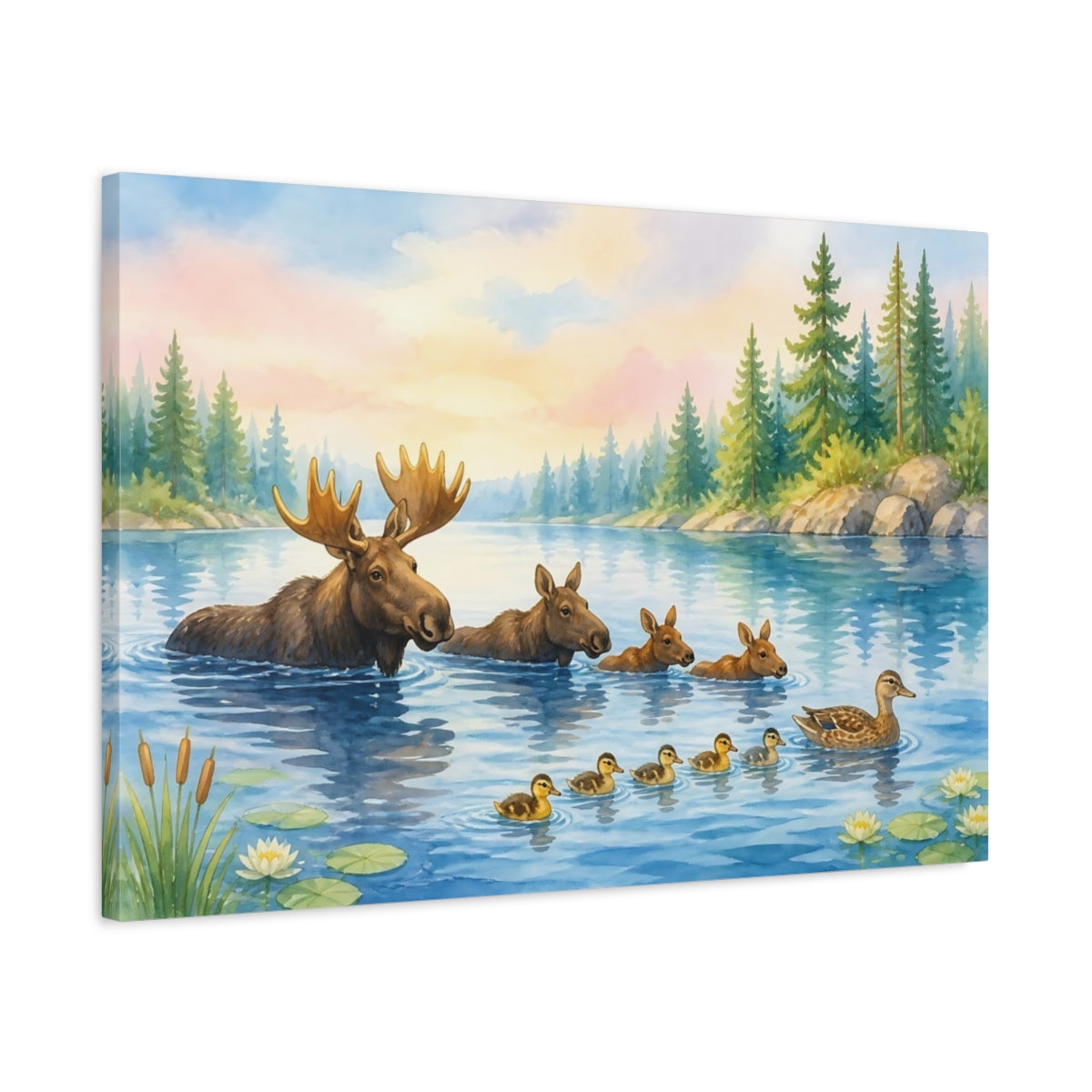 Side Mockup 2. Moose Family By The Lake shown as canvas print