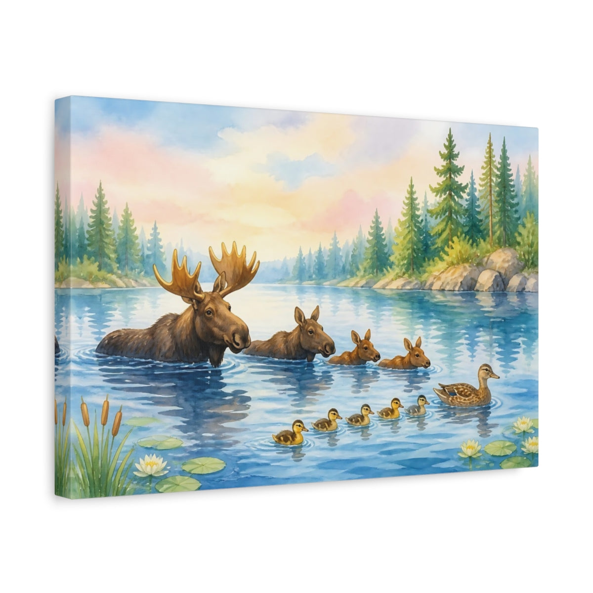 Side Mockup 4. Moose Family By The Lake shown as canvas print
