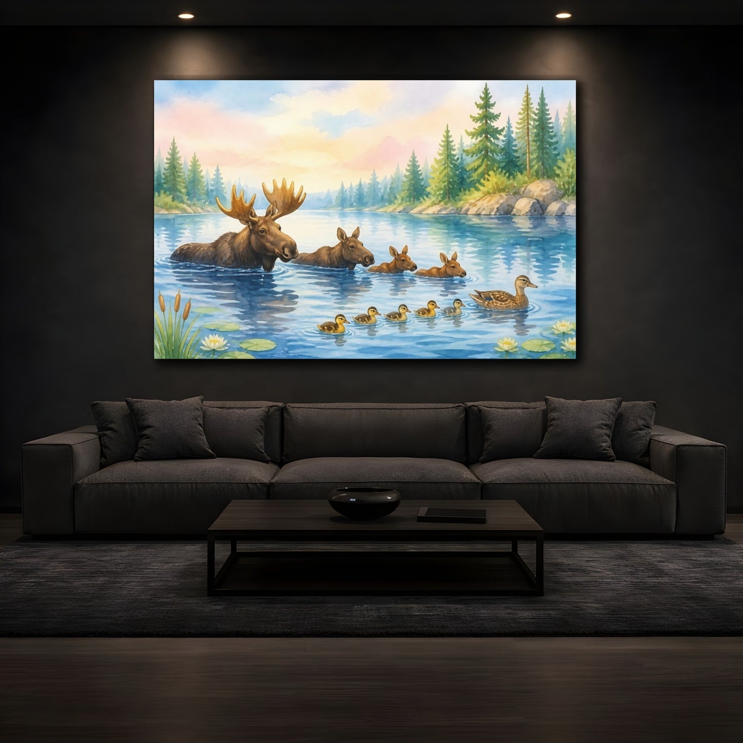 Mockup 3. Moose Family By The Lake shown as canvas print