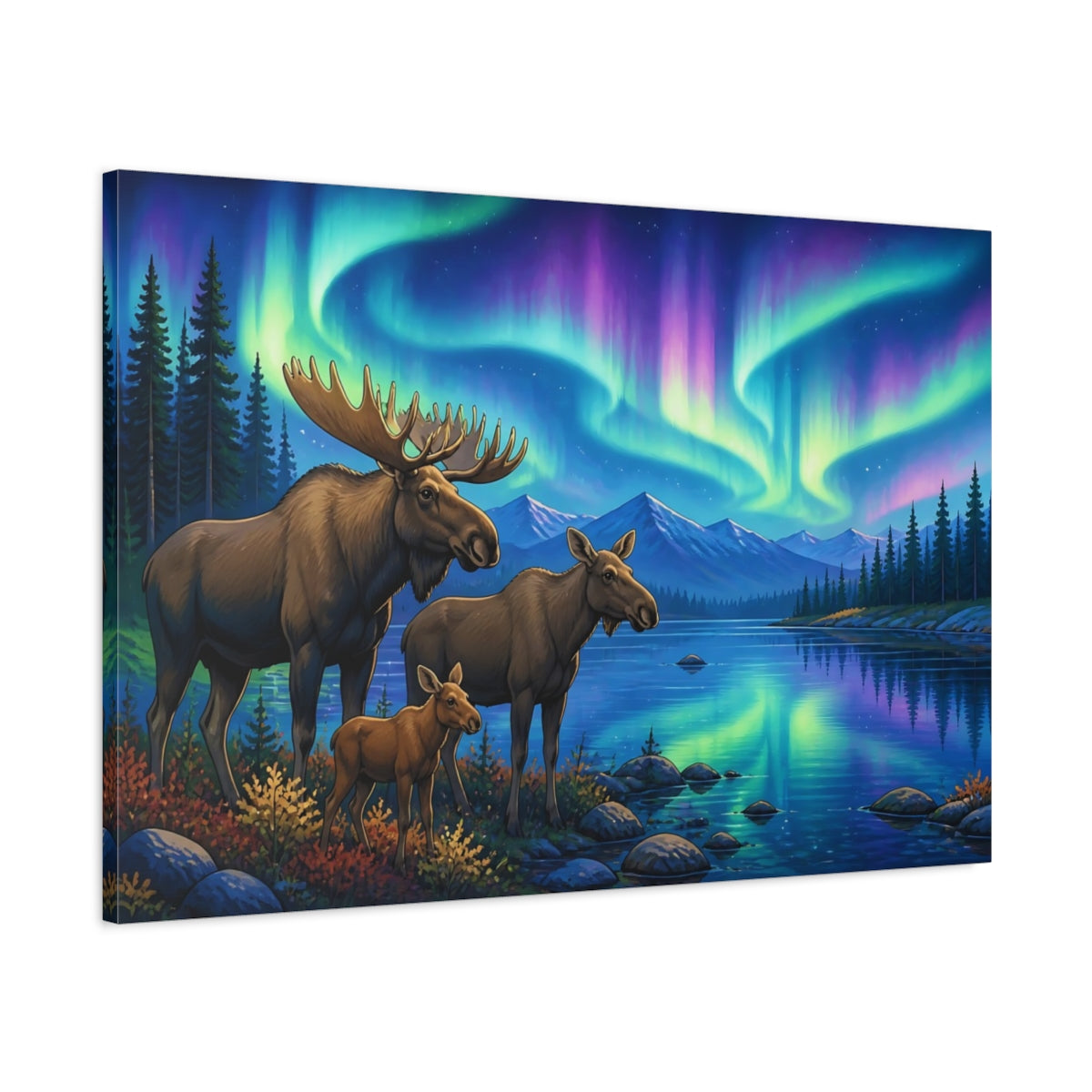 Main Mockup. Moose Under Aurora Animals shown as canvas print