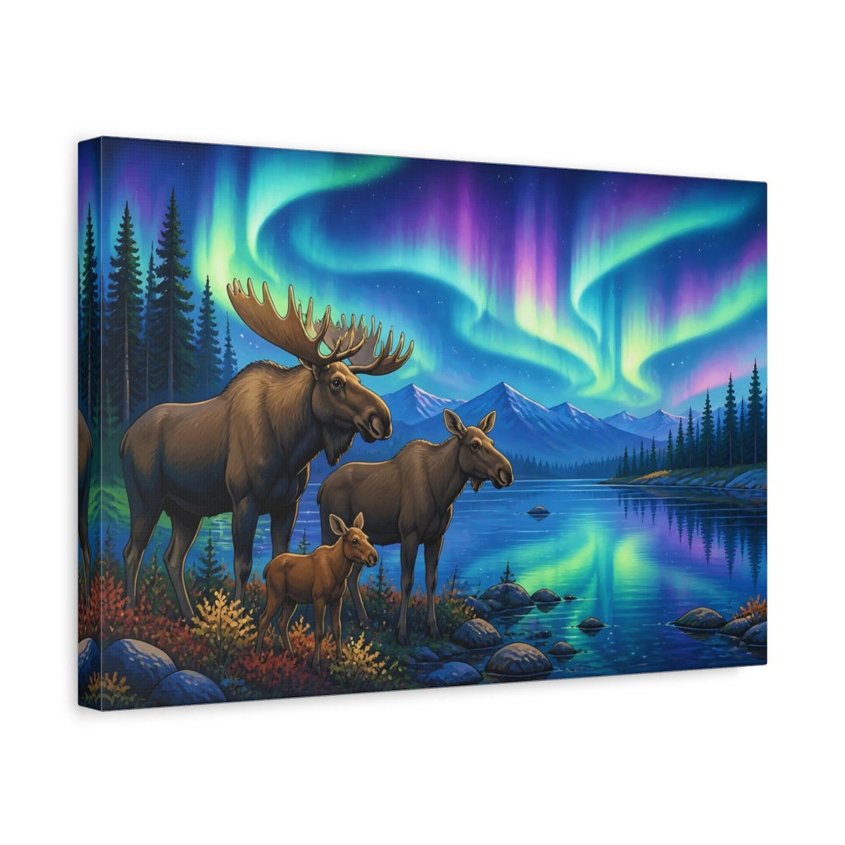 Side Mockup 4. Moose Under Aurora Animals shown as canvas print