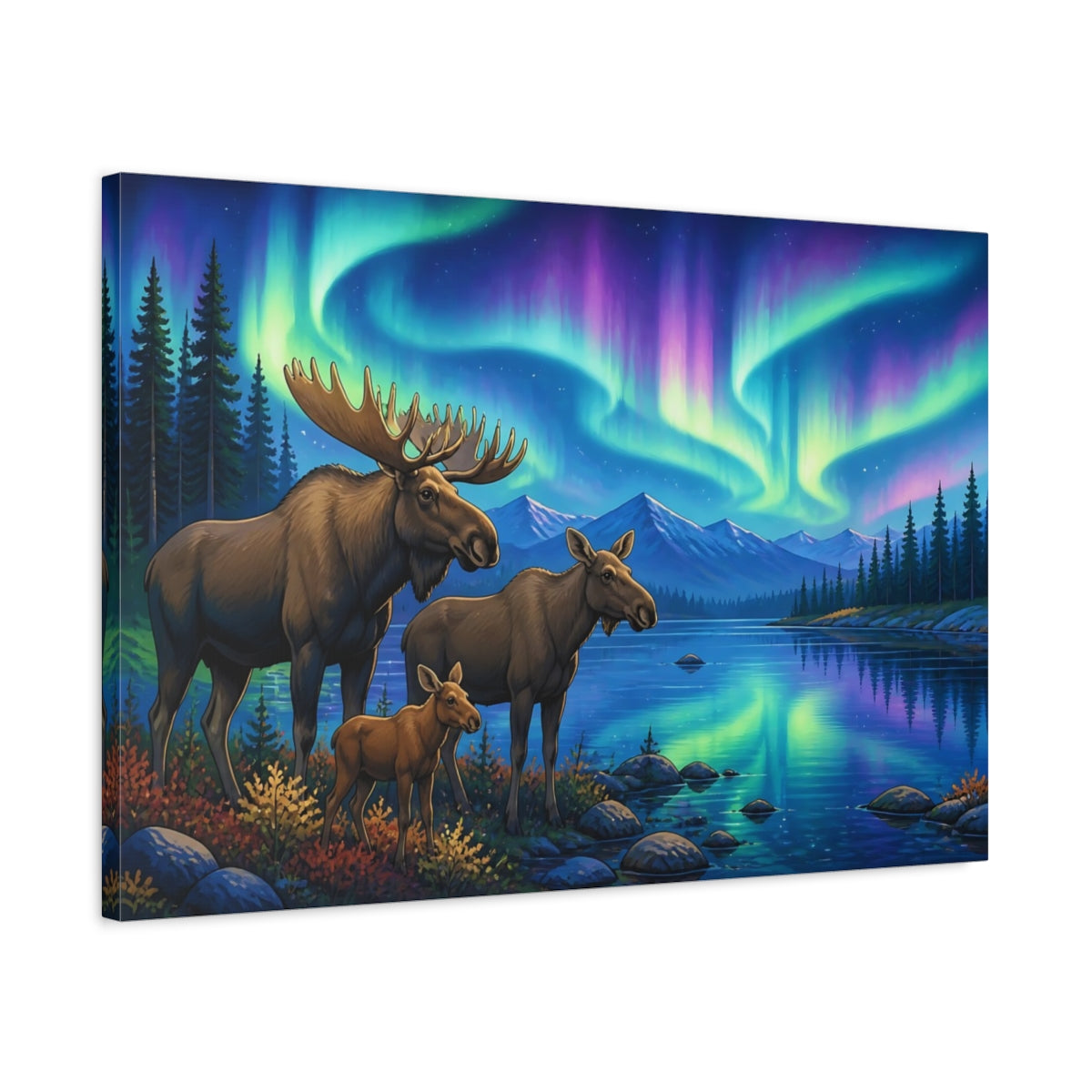 Side Mockup 2. Moose Under Aurora Animals shown as canvas print