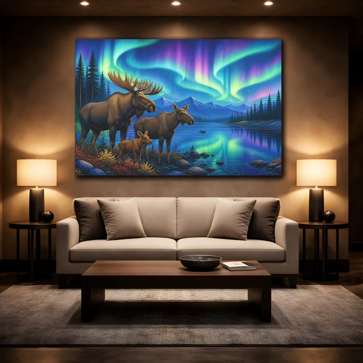 Mockup 2. Moose Under Aurora Animals shown as canvas print