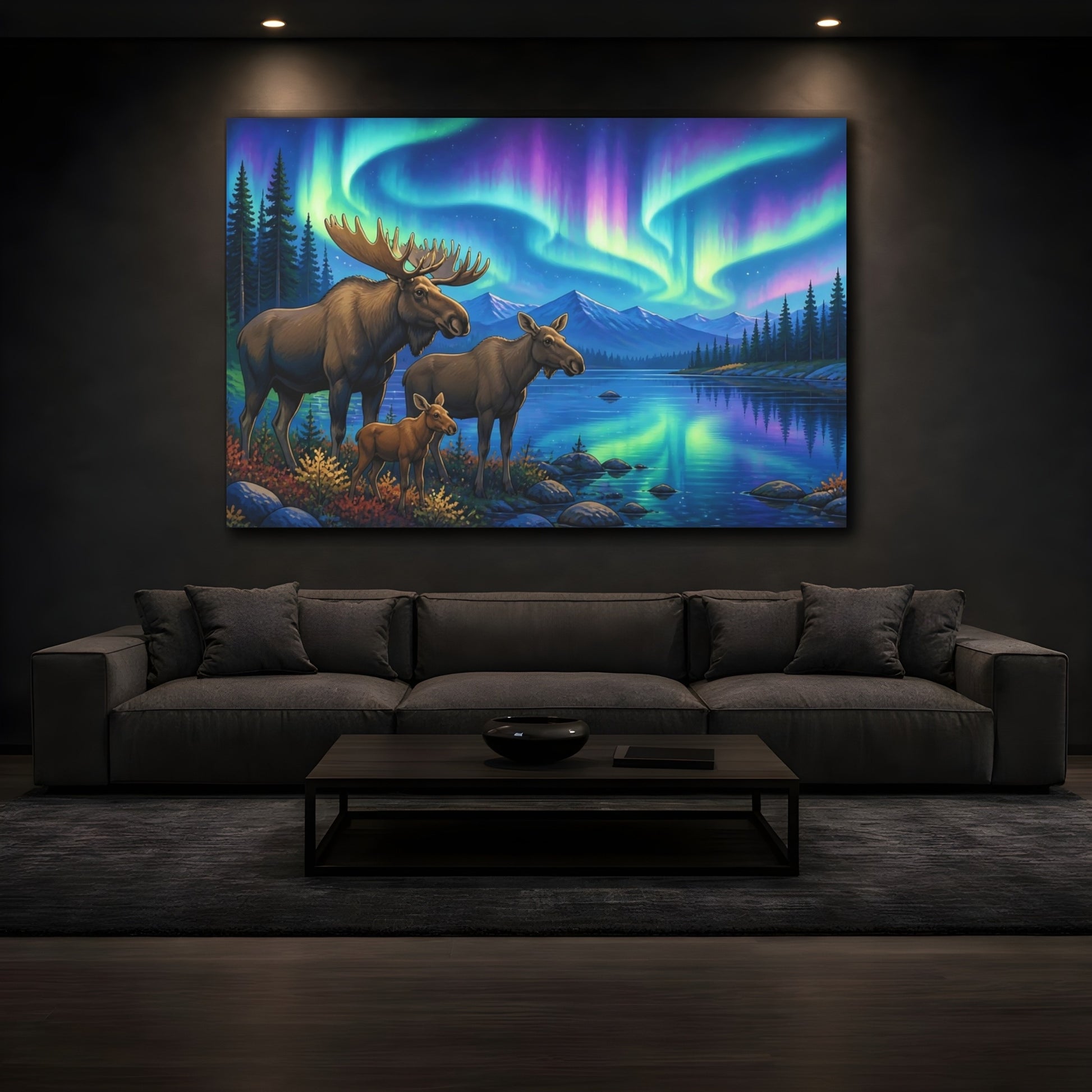 Mockup 3. Moose Under Aurora Animals shown as canvas print