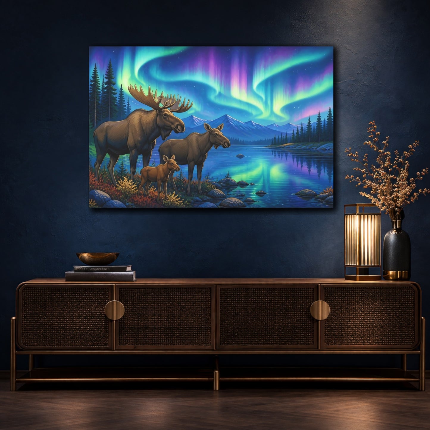 Mockup 4. Moose Under Aurora Animals shown as canvas print