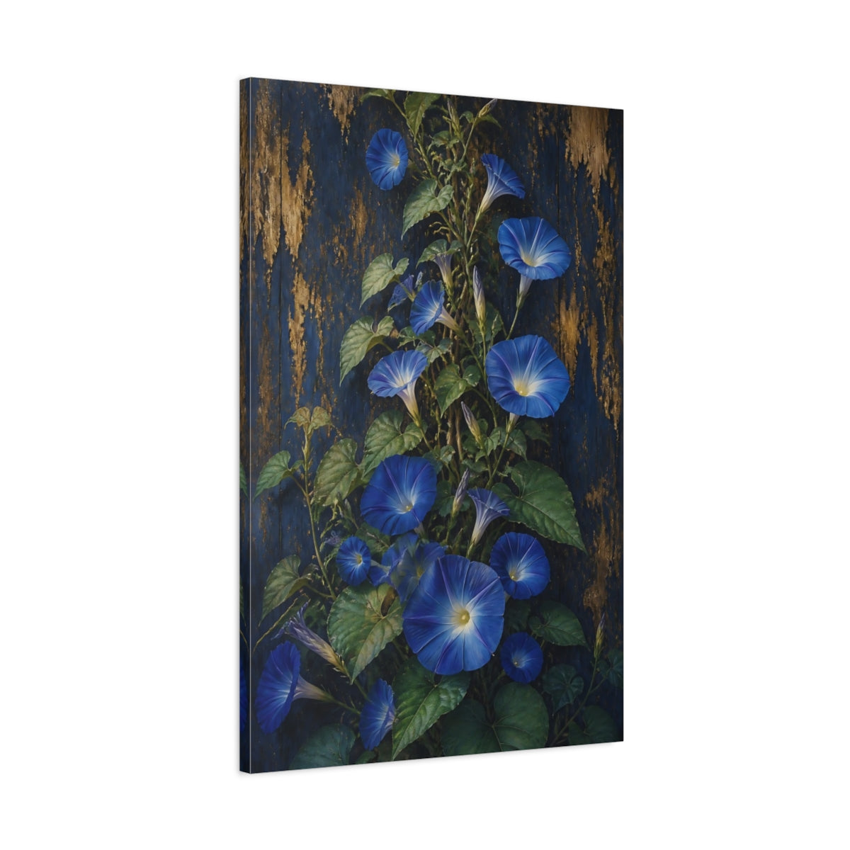 Main Mockup. Morning Glory Flowers On Wood shown as canvas print