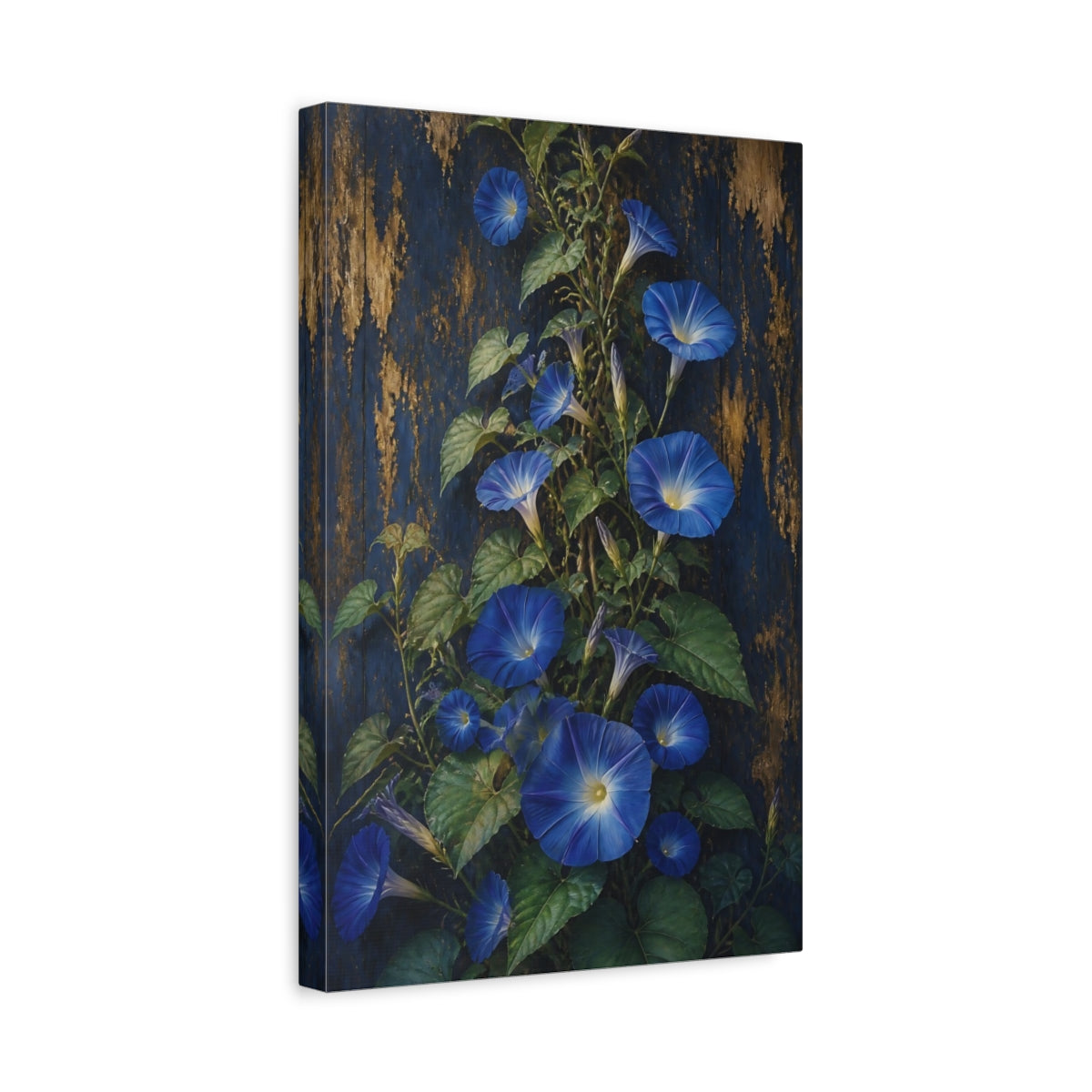 Side Mockup 4. Morning Glory Flowers On Wood shown as canvas print