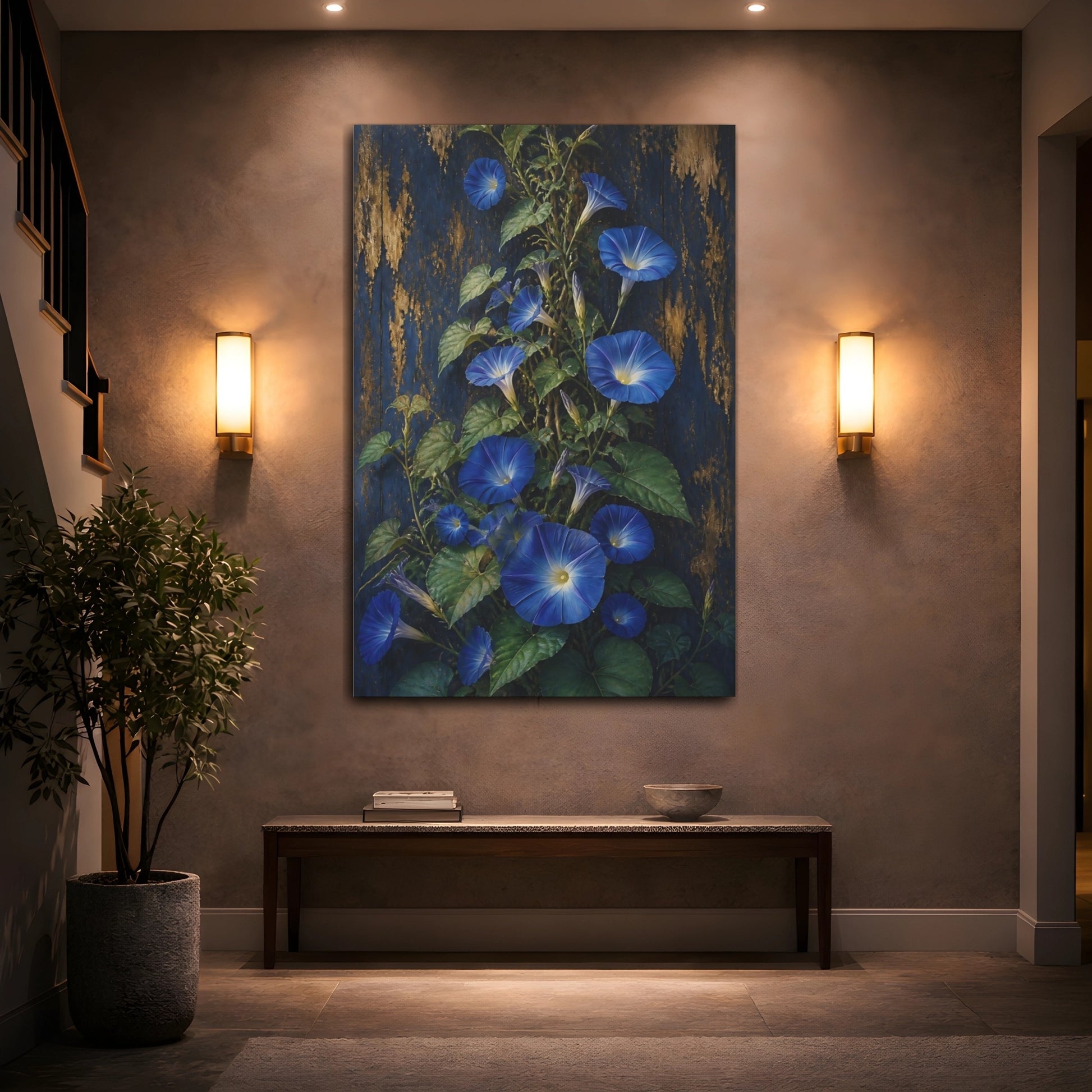 Mockup 2. Morning Glory Flowers On Wood shown as canvas print