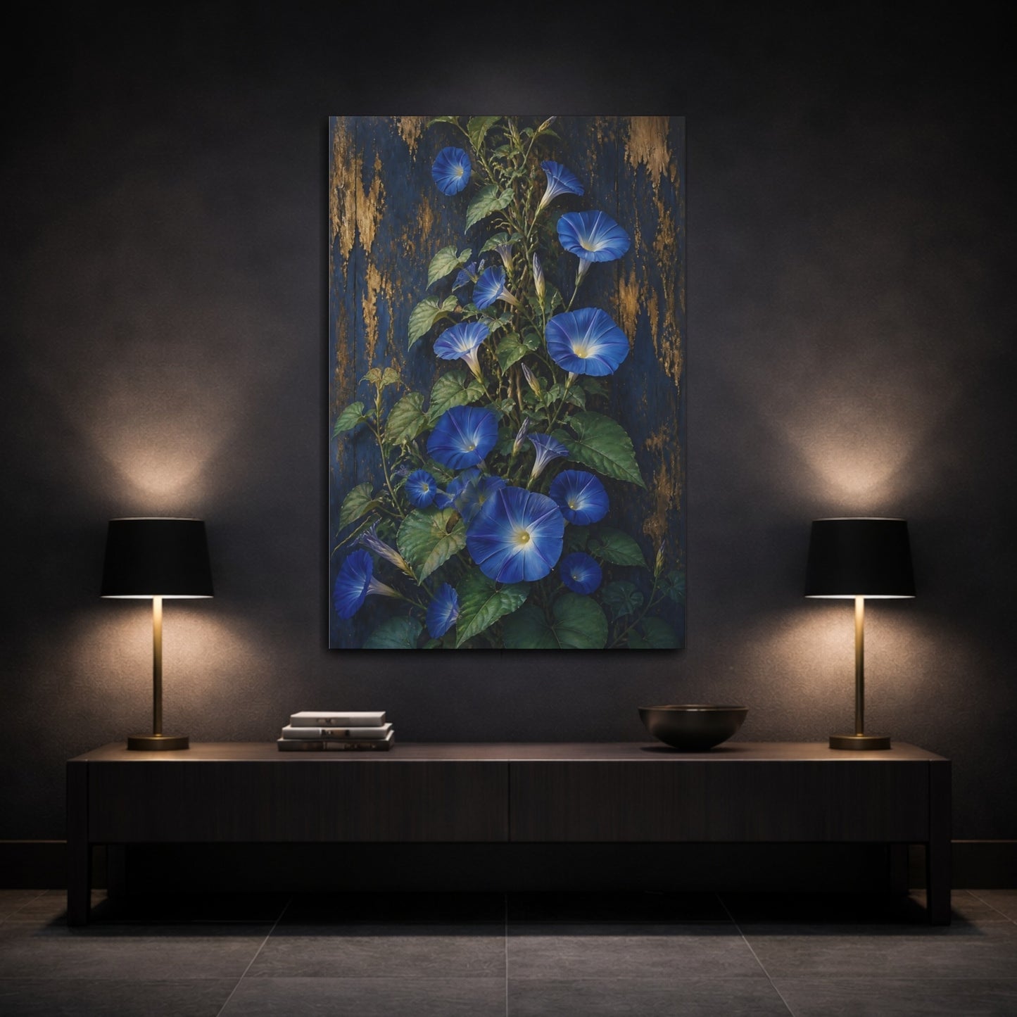 Mockup 3. Morning Glory Flowers On Wood shown as canvas print