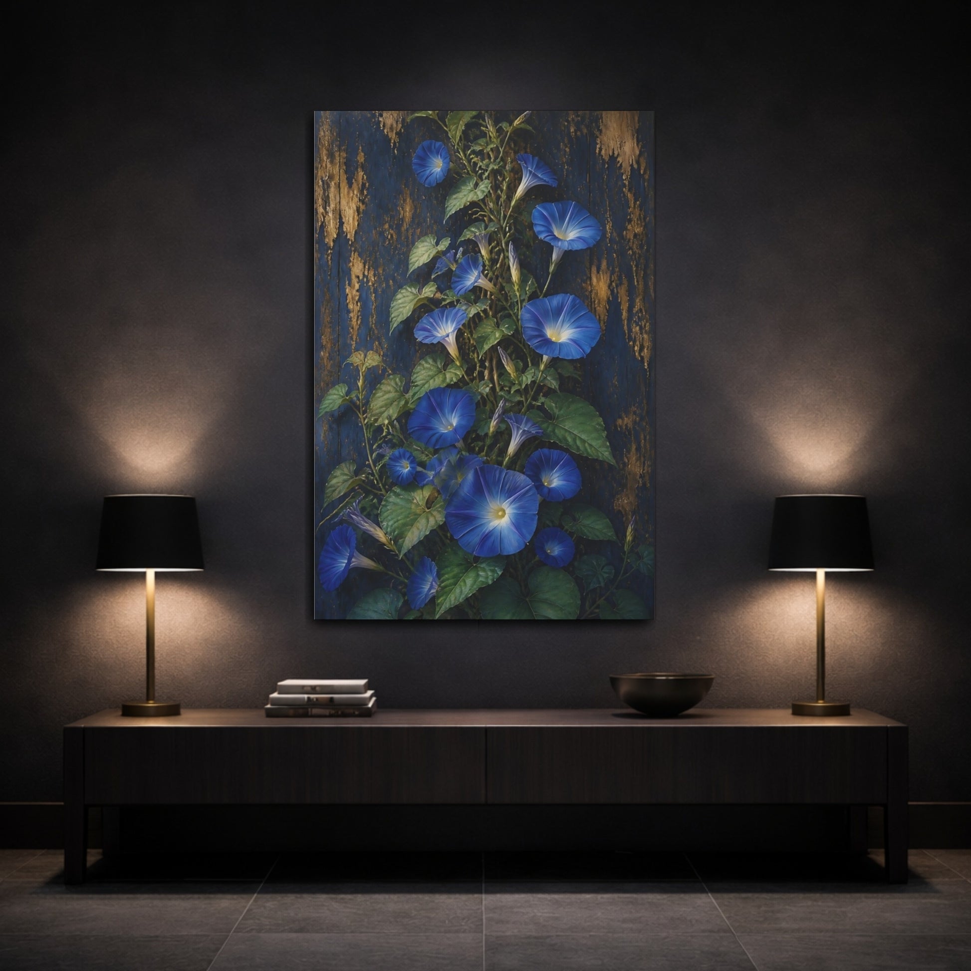 Mockup 3. Morning Glory Flowers On Wood shown as canvas print