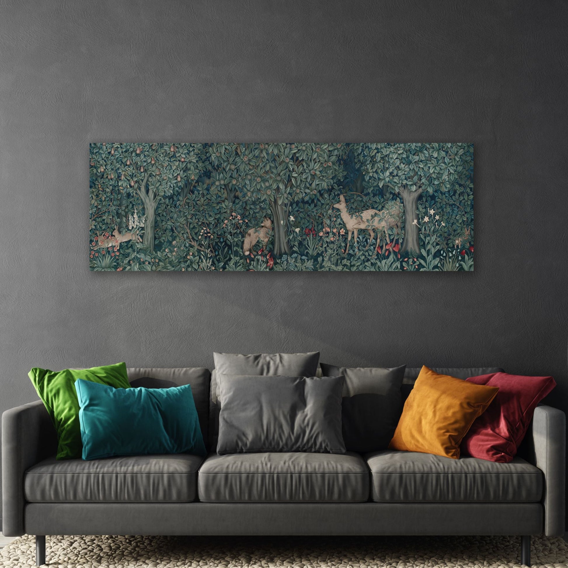 Morris Large Wall Art Framed Canvas Print - Panoramic Classic Woodland Deer in Forest