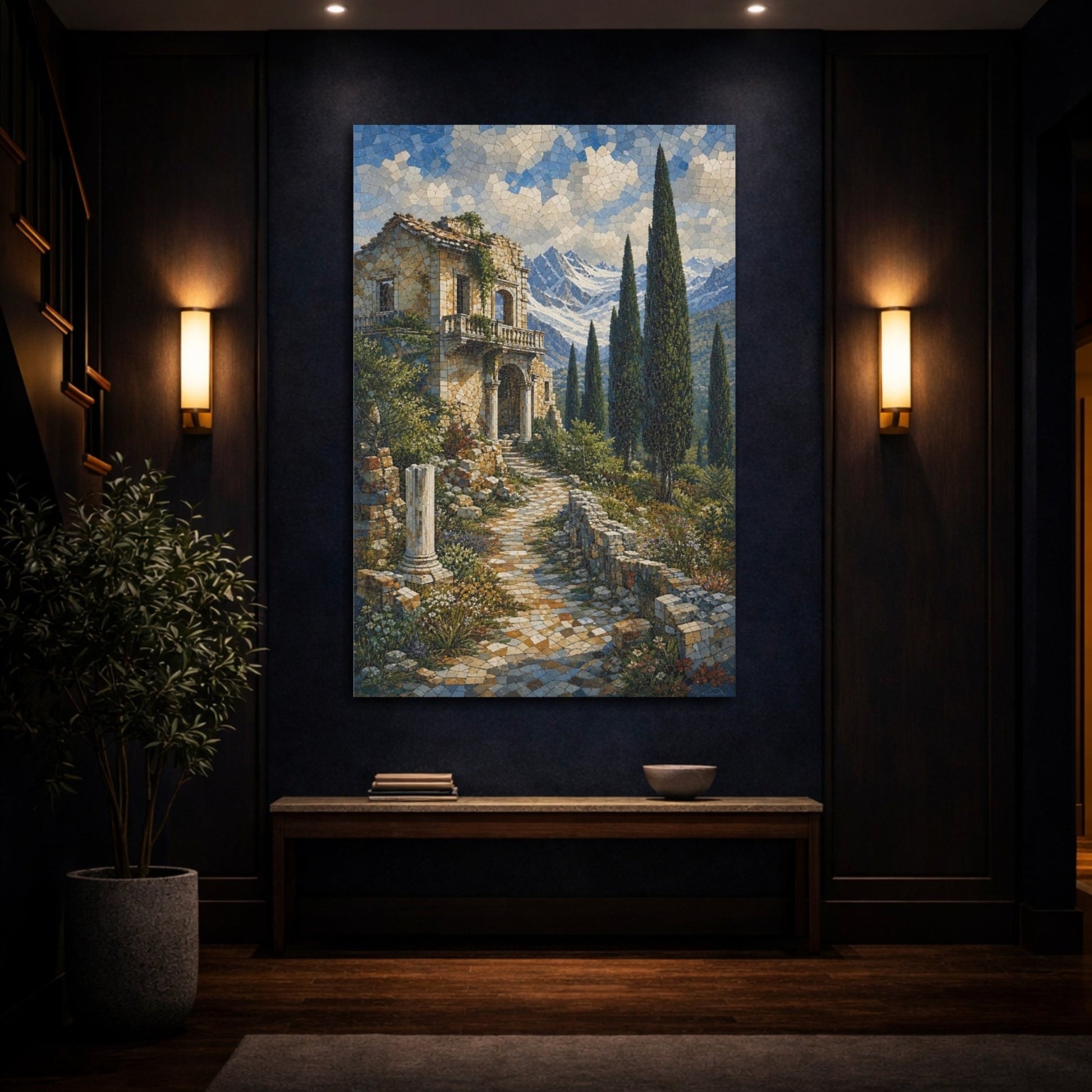 Mosaic Textured Scenic Painting Crumbling Villa Canvas Wall Art Print – Living Room Decor, Above Fireplace - YesArtYes