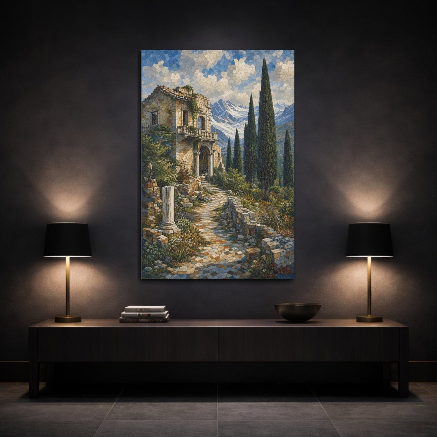 Mosaic Textured Scenic Painting Crumbling Villa Canvas Wall Art Print – Living Room Decor, Above Fireplace - YesArtYes