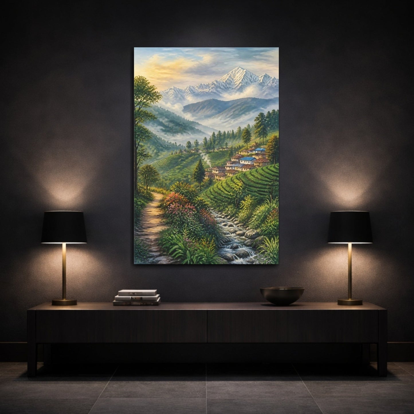 Mosaic Textured Scenic Painting Misty Tea Canvas Wall Art Print – Living Room Decor, Above Fireplace - YesArtYes