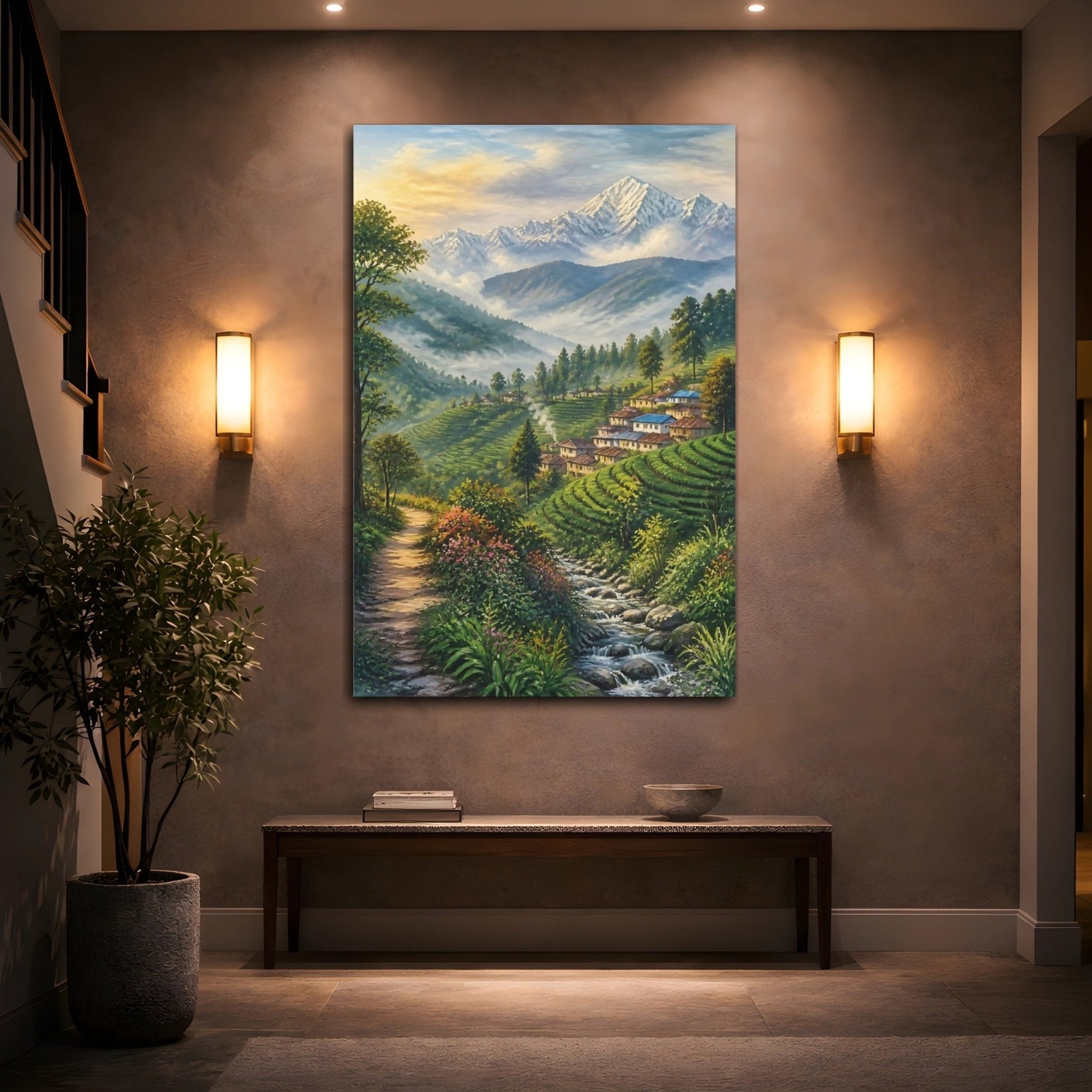 Mosaic Textured Scenic Painting Misty Tea Canvas Wall Art Print – Living Room Decor, Above Fireplace - YesArtYes