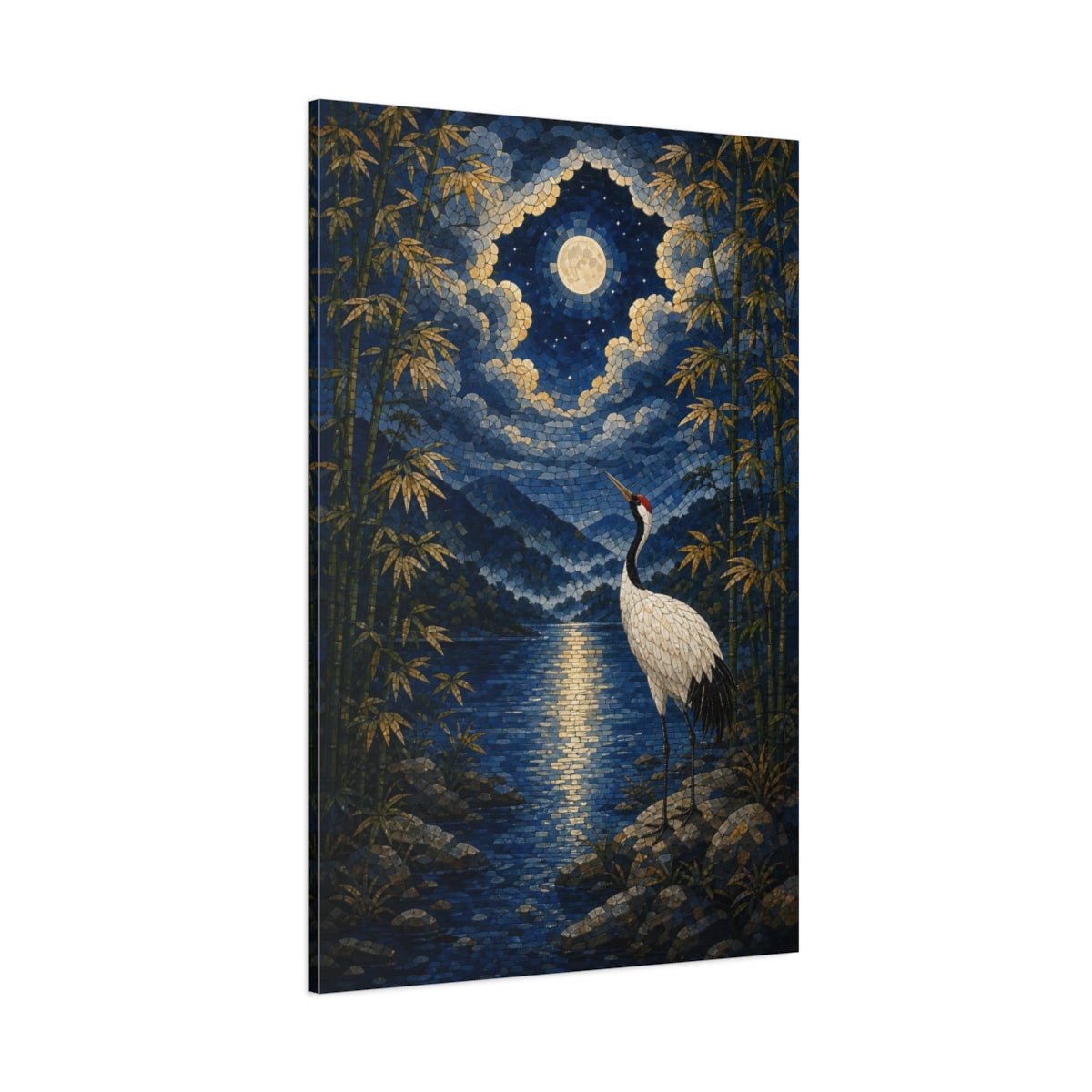 Mosaic Textured Scenic Painting Moonlit Bamboo Canvas Print – Living Room, Above Console Table, Blue - YesArtYes
