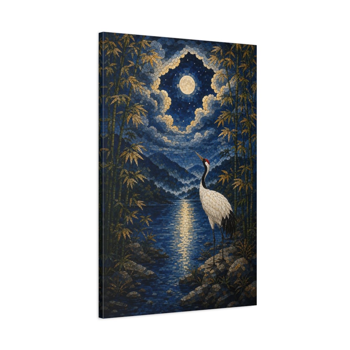 Mosaic Textured Scenic Painting Moonlit Bamboo Canvas Print – Living Room, Above Console Table, Blue - YesArtYes
