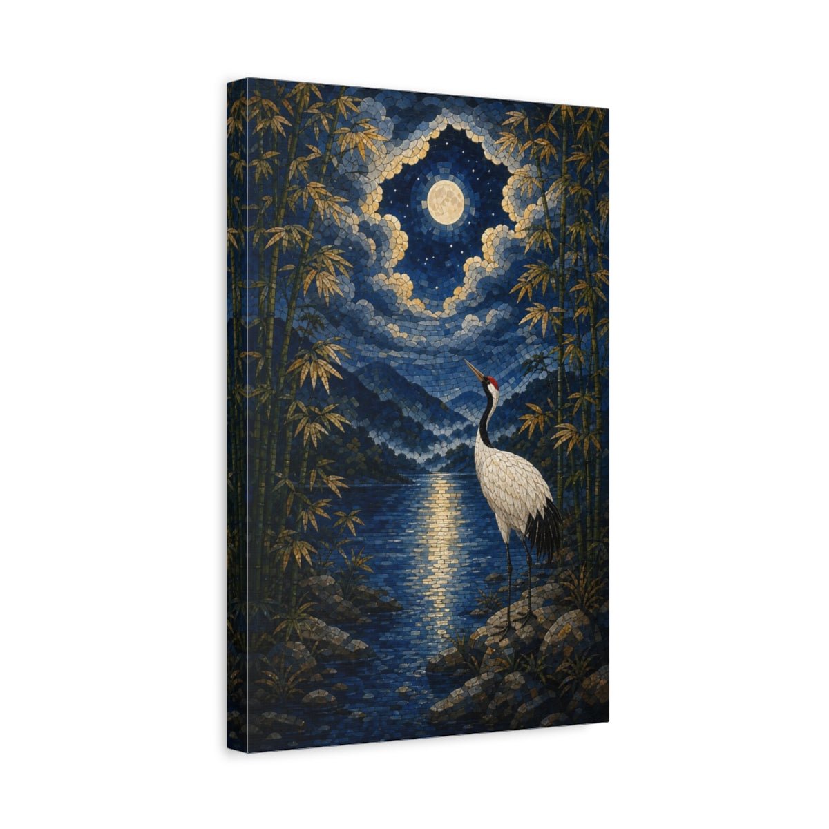 Mosaic Textured Scenic Painting Moonlit Bamboo Canvas Print – Living Room, Above Console Table, Blue - YesArtYes