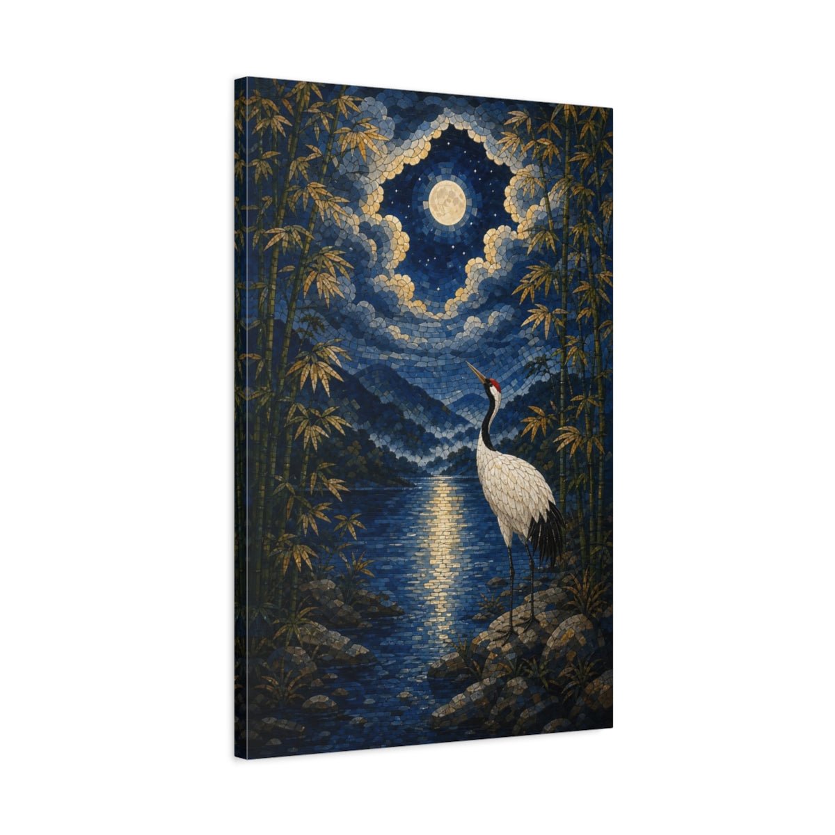 Mosaic Textured Scenic Painting Moonlit Bamboo Canvas Print – Living Room, Above Console Table, Blue - YesArtYes