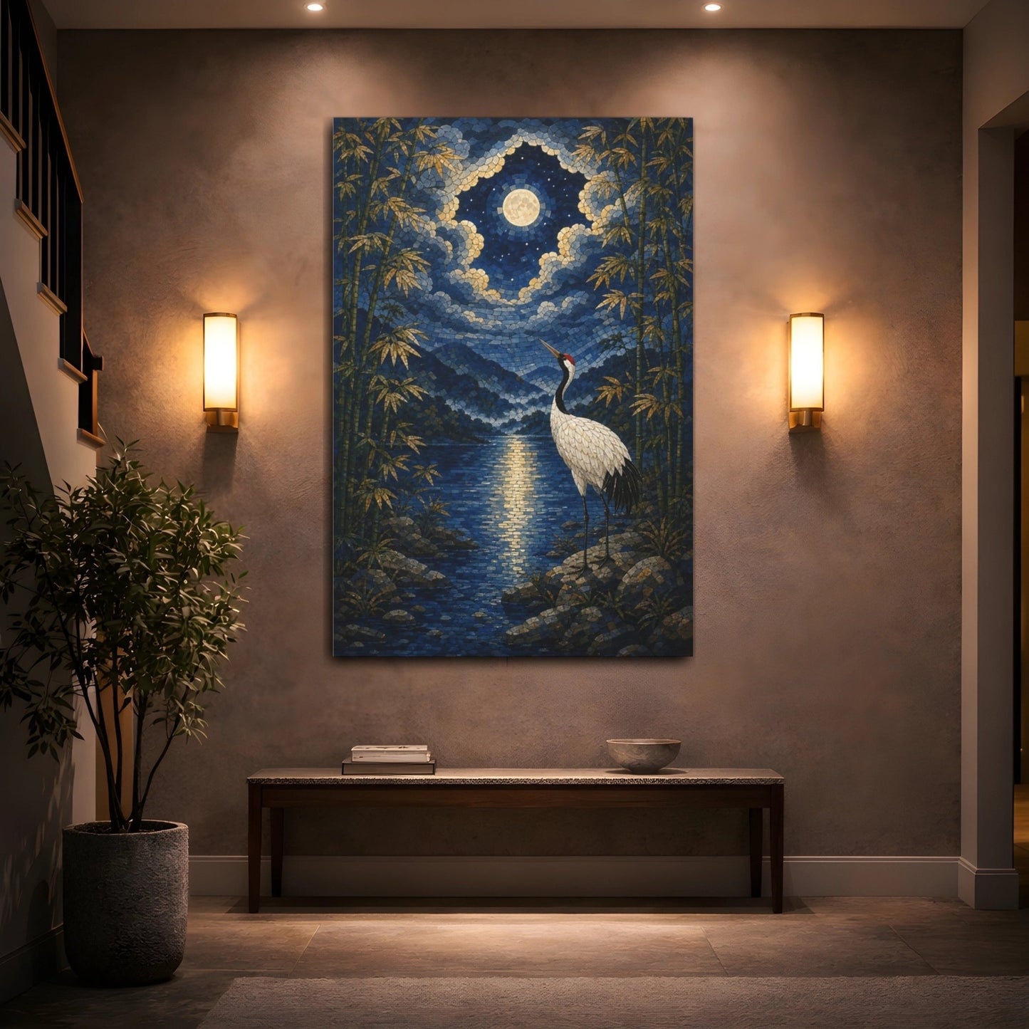 Mosaic Textured Scenic Painting Moonlit Bamboo Canvas Print – Living Room, Above Console Table, Blue - YesArtYes