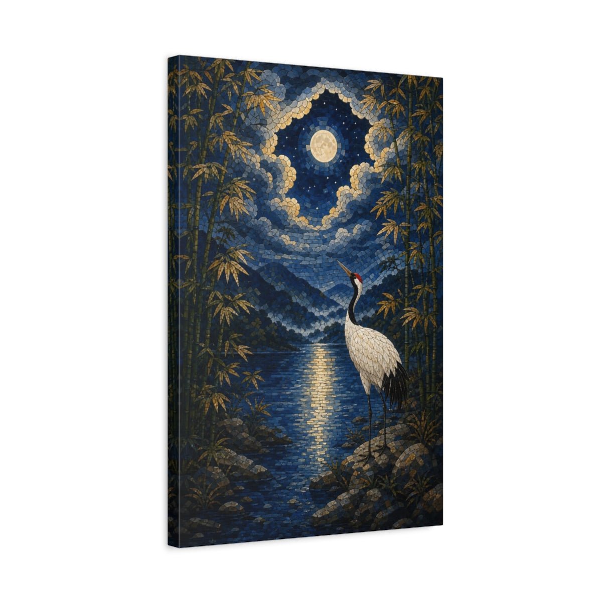 Mosaic Textured Scenic Painting Moonlit Bamboo Canvas Print – Living Room, Above Console Table, Blue - YesArtYes