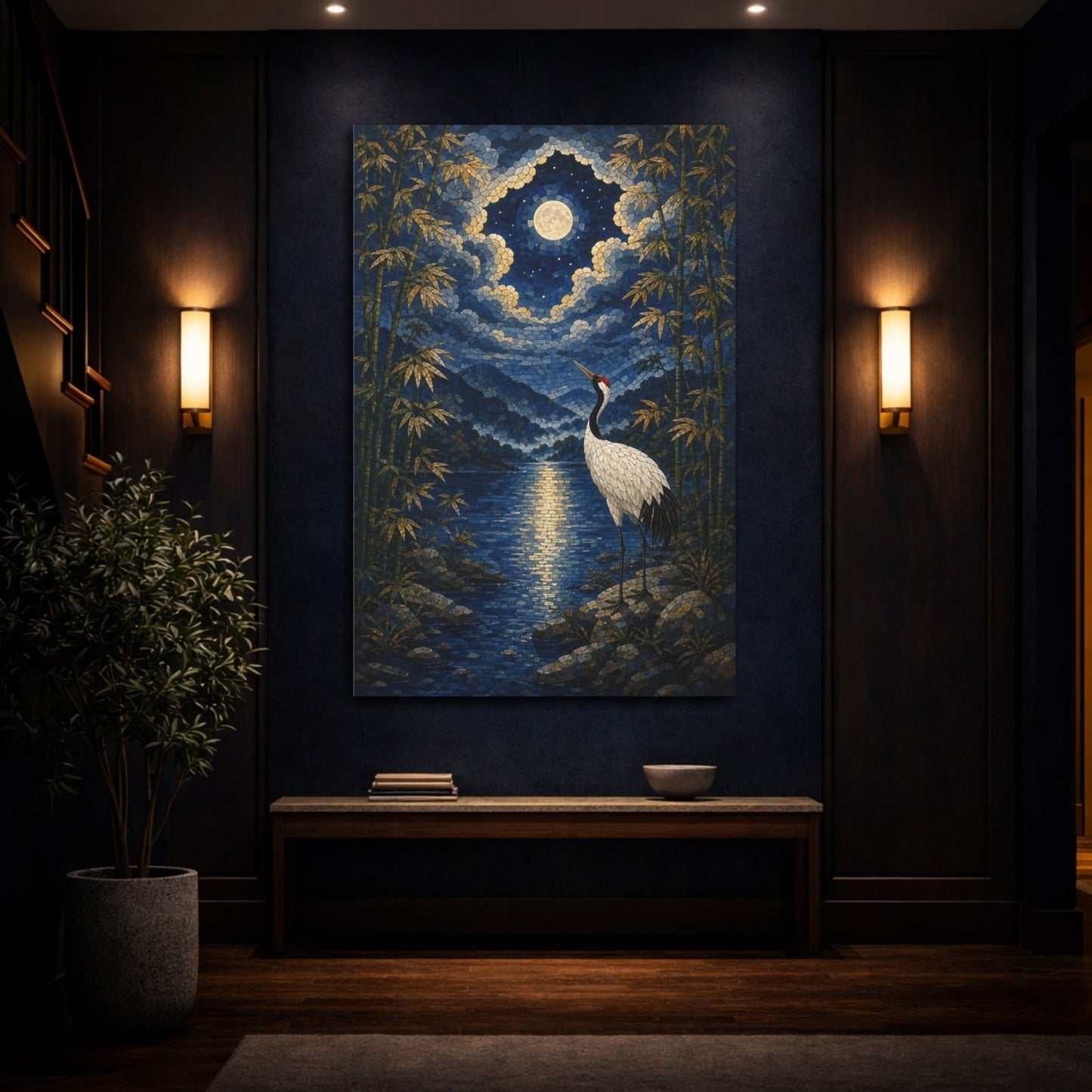 Mosaic Textured Scenic Painting Moonlit Bamboo Canvas Print – Living Room, Above Console Table, Blue - YesArtYes