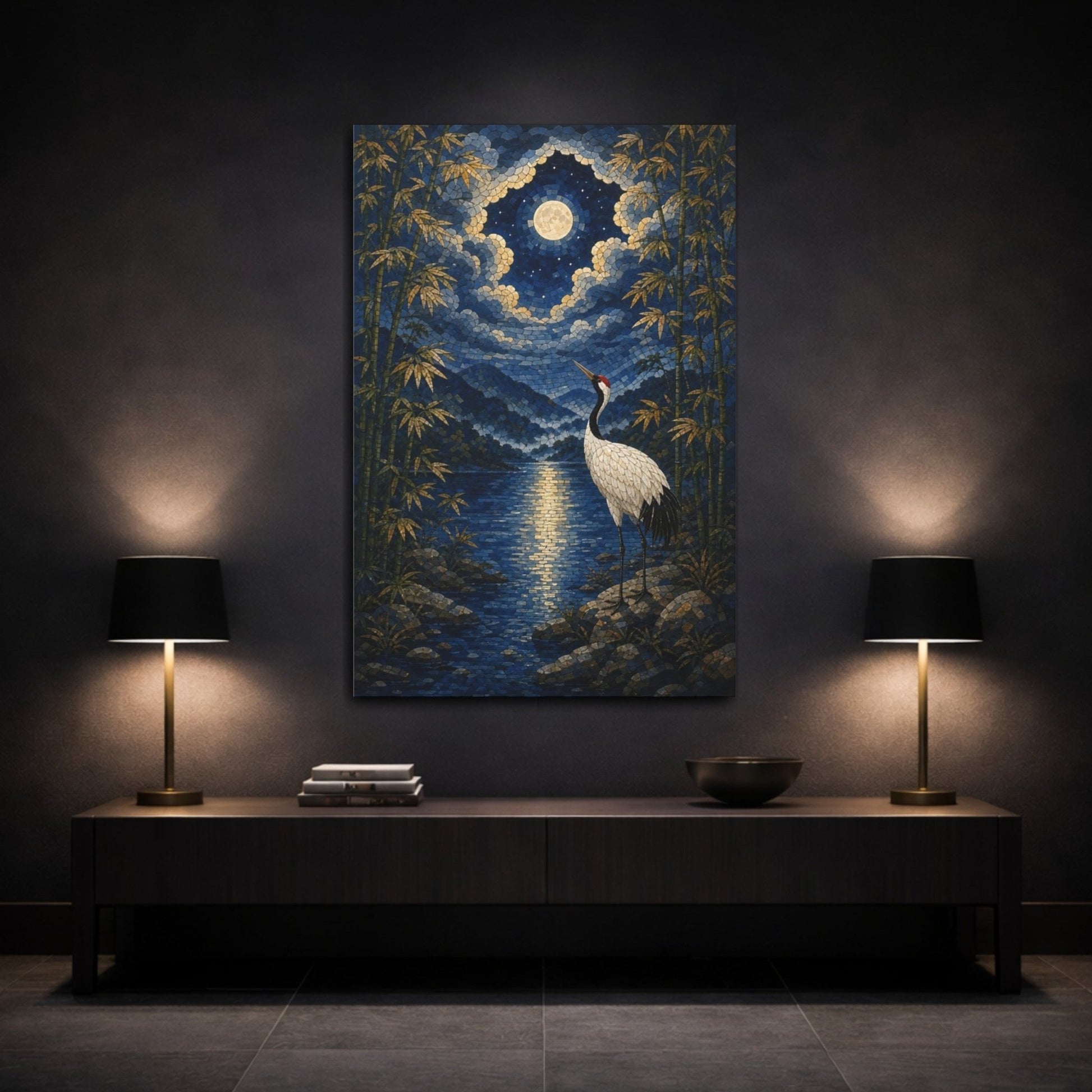 Mosaic Textured Scenic Painting Moonlit Bamboo Canvas Print – Living Room, Above Console Table, Blue - YesArtYes