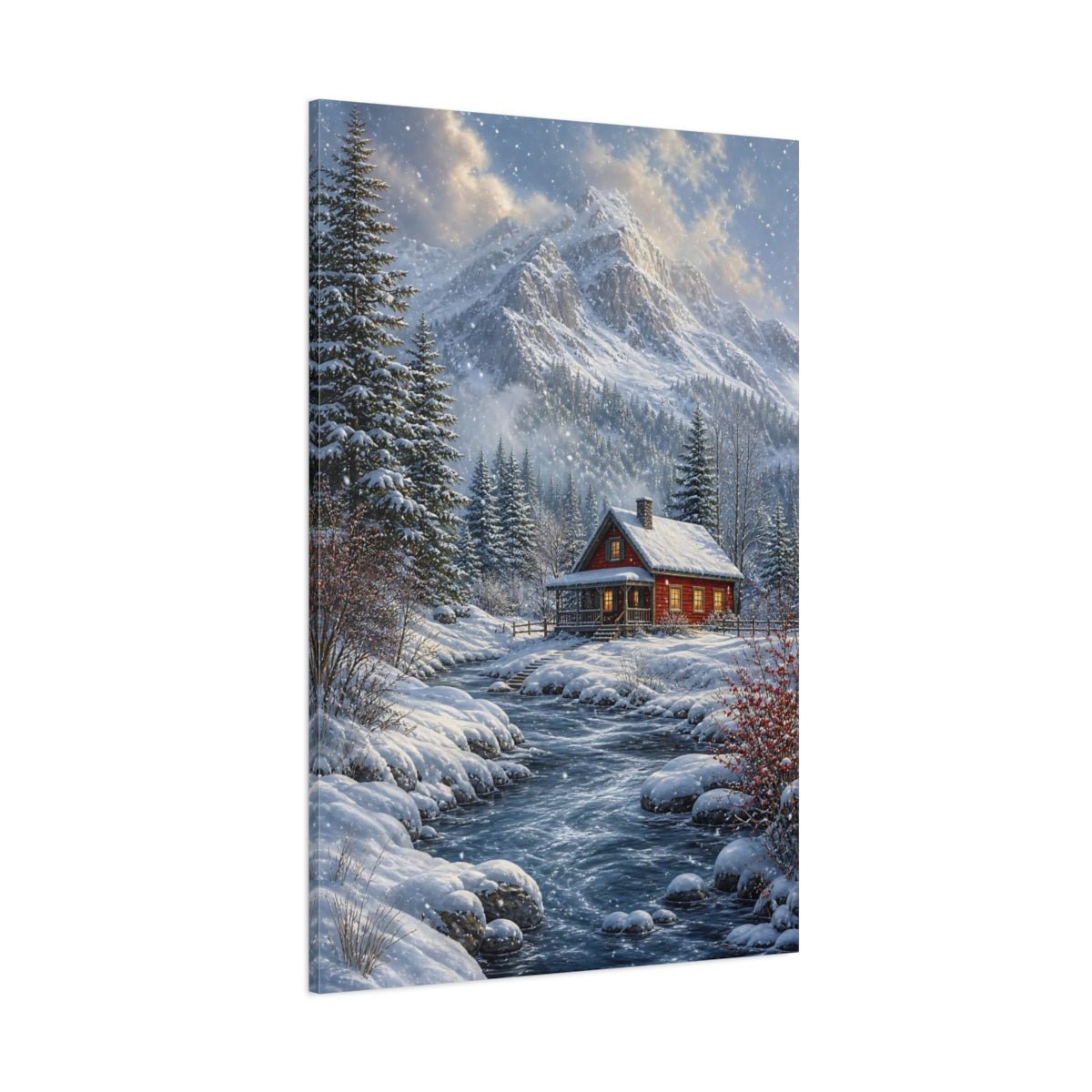 Mosaic Textured Scenic Painting Red Cabin Canvas Wall Art Print – realistic Living Room, Above Sofa - YesArtYes