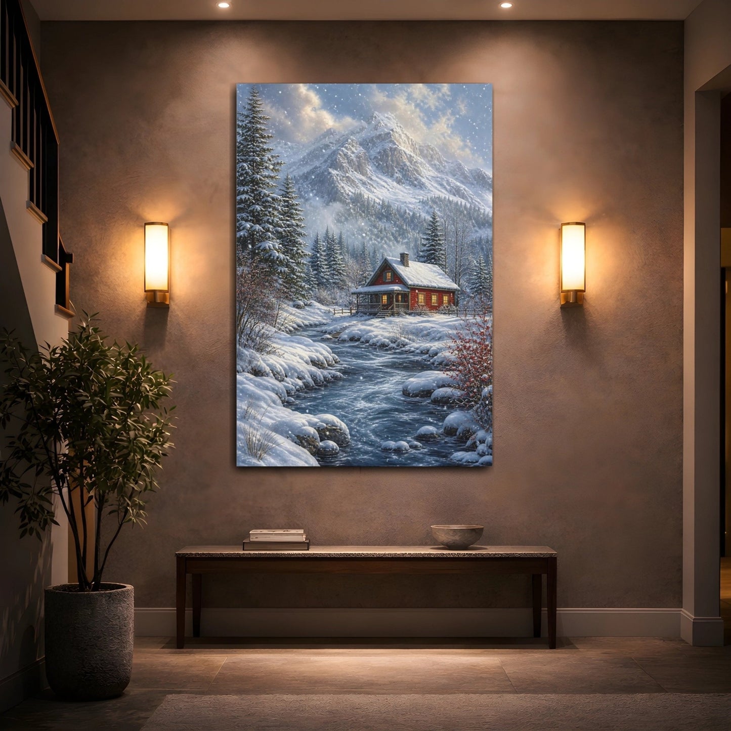 Mosaic Textured Scenic Painting Red Cabin Canvas Wall Art Print – realistic Living Room, Above Sofa - YesArtYes