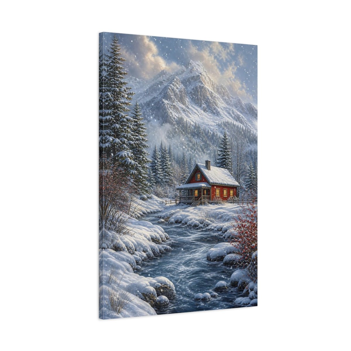 Mosaic Textured Scenic Painting Red Cabin Canvas Wall Art Print – realistic Living Room, Above Sofa - YesArtYes
