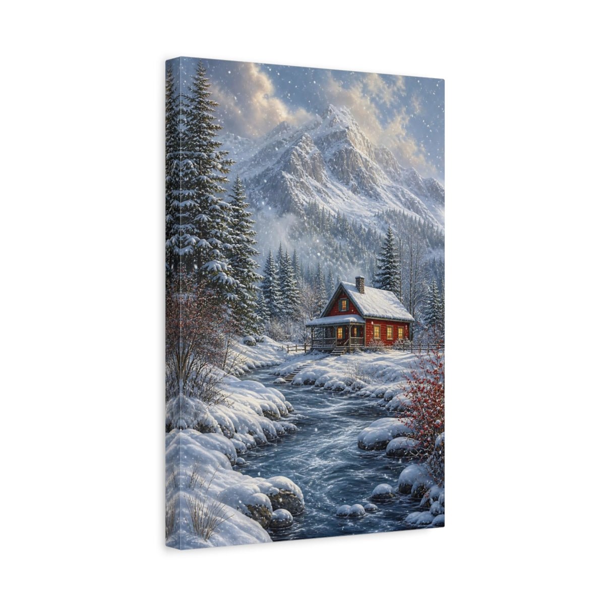 Mosaic Textured Scenic Painting Red Cabin Canvas Wall Art Print – realistic Living Room, Above Sofa - YesArtYes