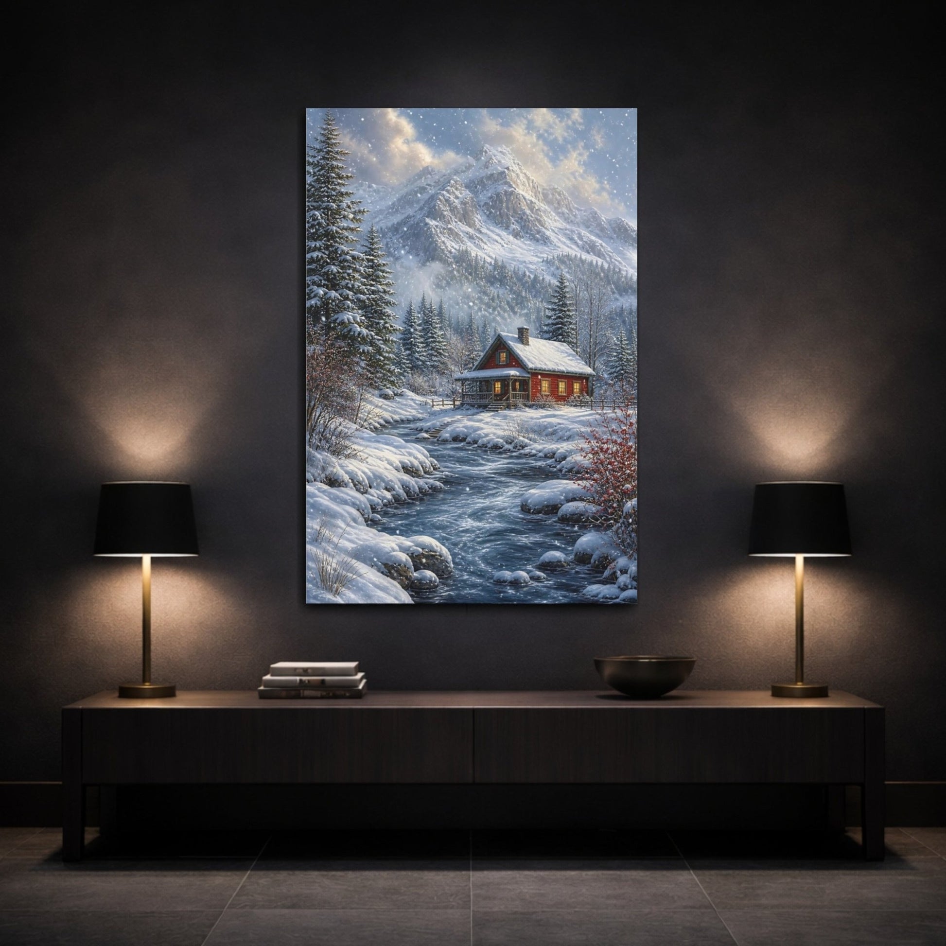 Mosaic Textured Scenic Painting Red Cabin Canvas Wall Art Print – realistic Living Room, Above Sofa - YesArtYes