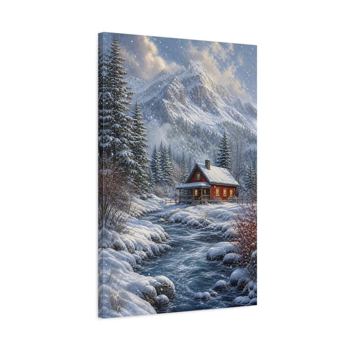 Mosaic Textured Scenic Painting Red Cabin Canvas Wall Art Print – realistic Living Room, Above Sofa - YesArtYes