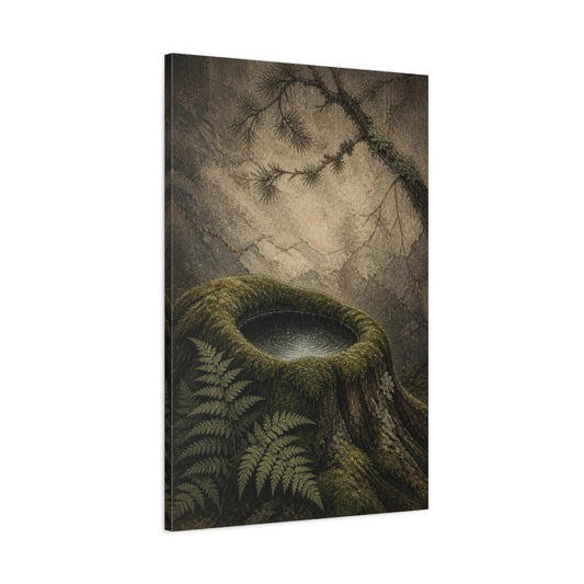 Main Mockup. Moss-Crowned Stump Pool shown as canvas print