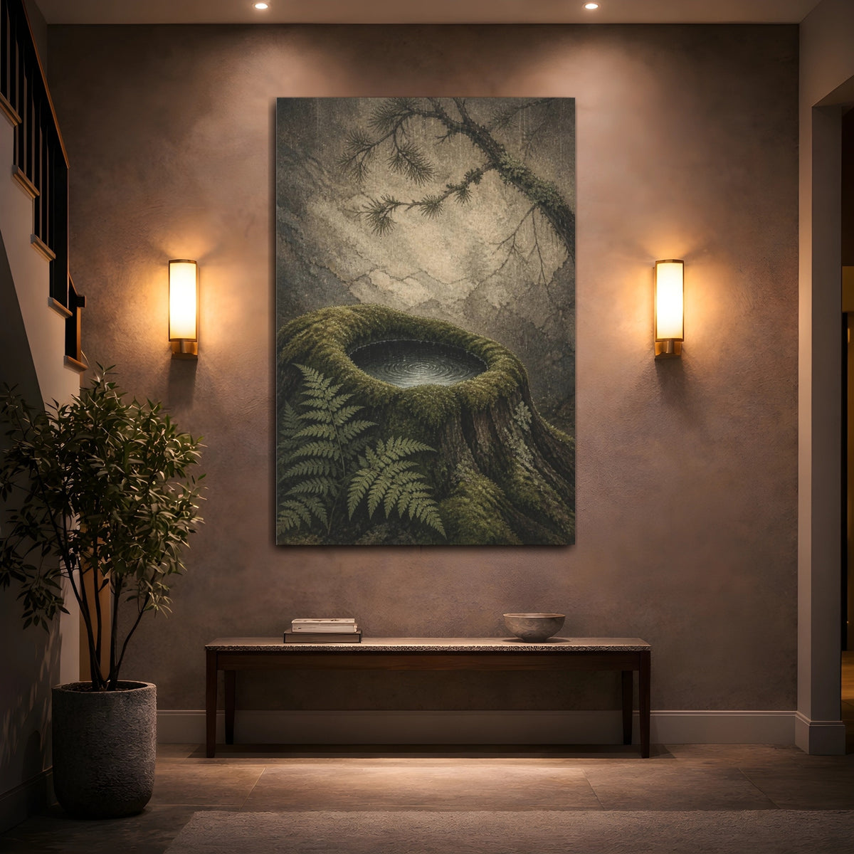 Mockup 2. Moss-Crowned Stump Pool shown as canvas print