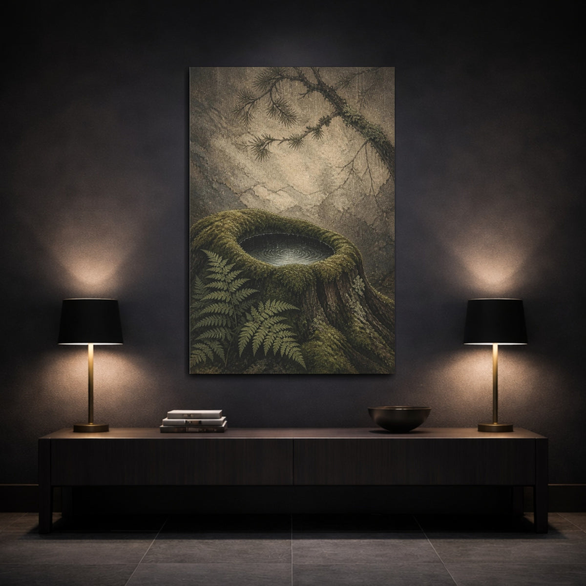 Mockup 3. Moss-Crowned Stump Pool shown as canvas print